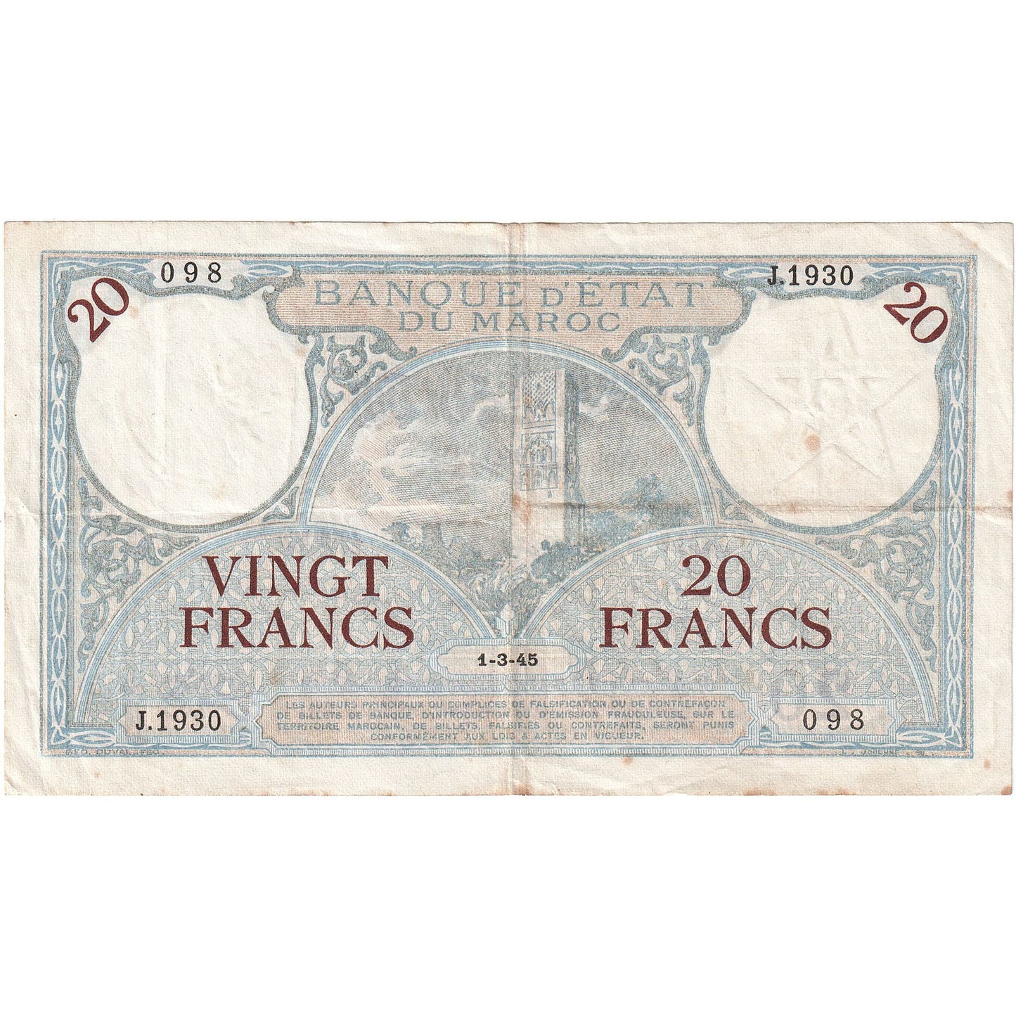 Maroko,
20 franków,
1928-1929