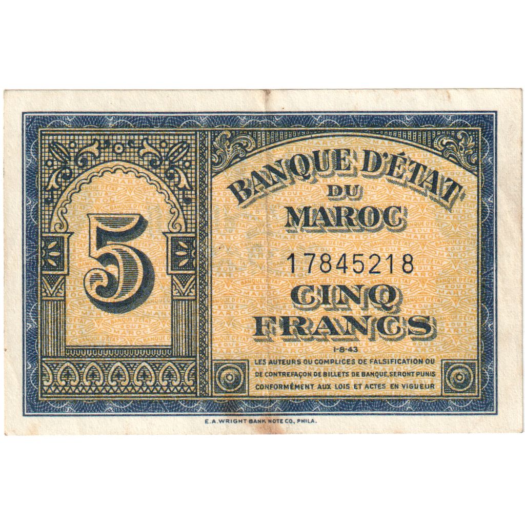 Maroko,
5 franków,
1943