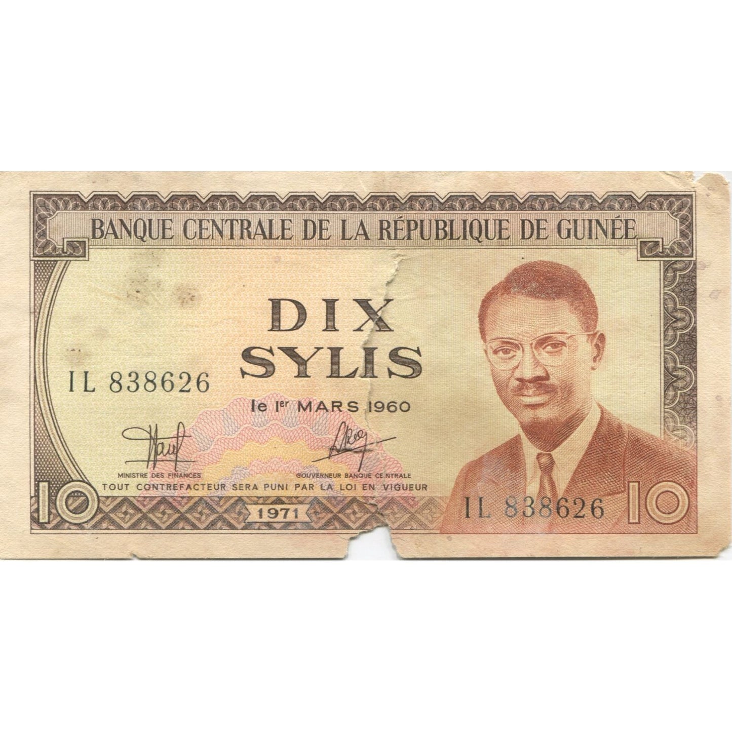 Banknot,
Gwinea,
10 Sylis