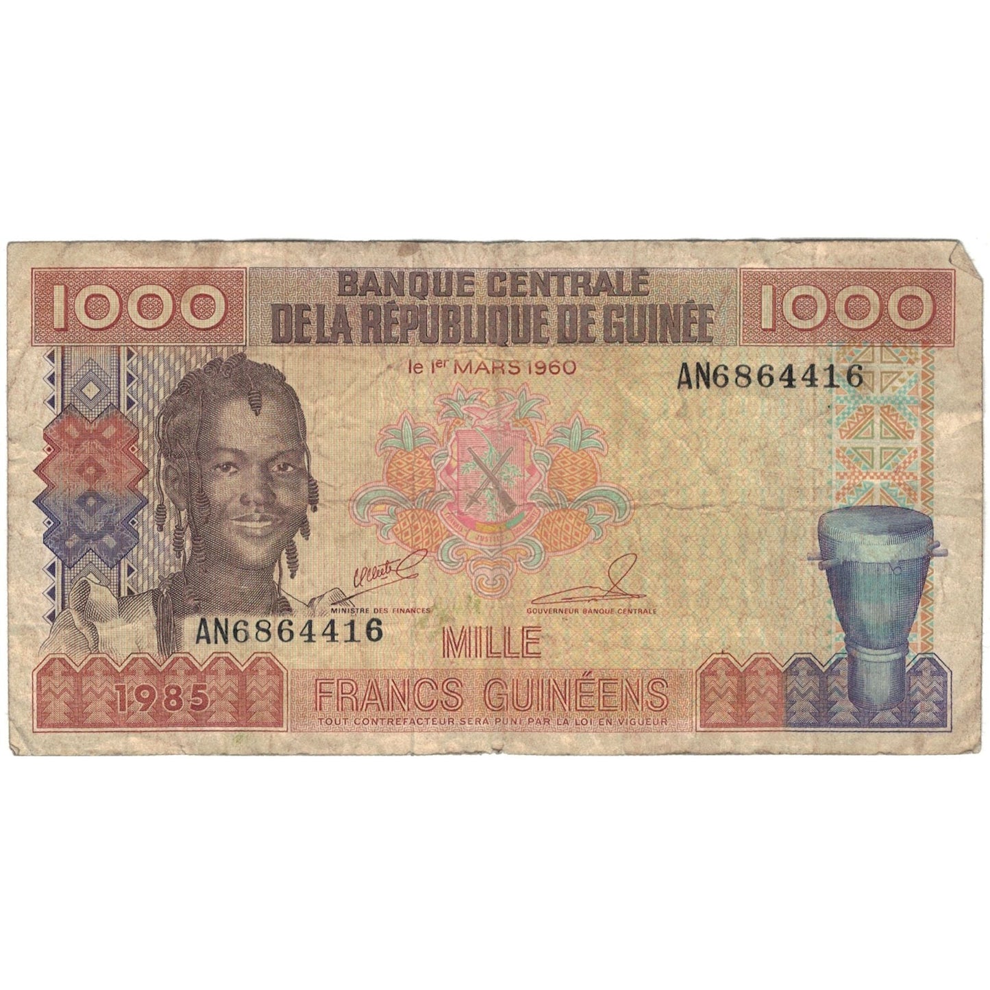Banknot,
Gwinea,
1000 franków